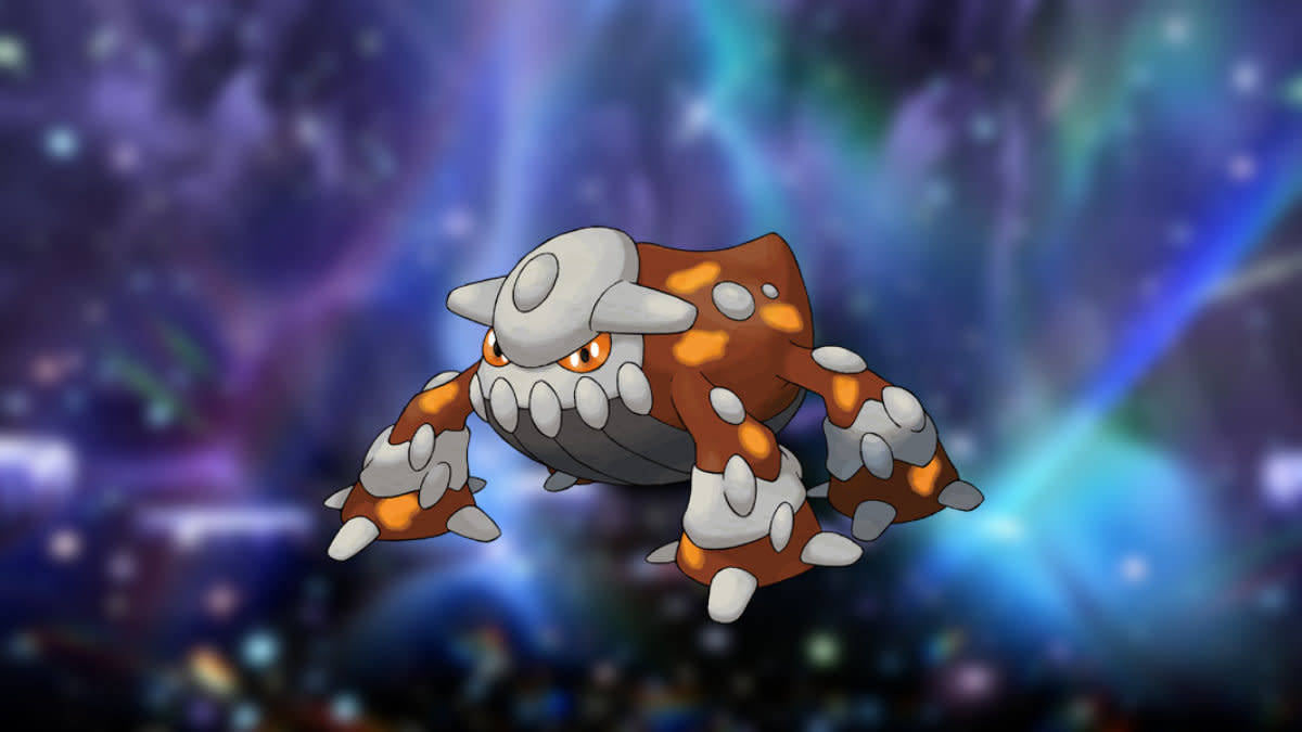 Legendary Pokemon Heatran against a tera raid background